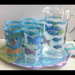 Plastic Fish Theme Pitcher & Tumblers 8 Piece